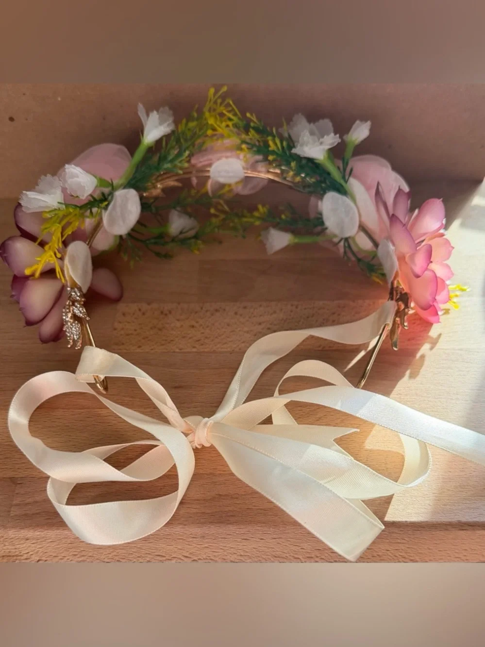 Floral Ribbon Crown Adjustable Headband with Satin Ribbon Tie - Pink White Mauve